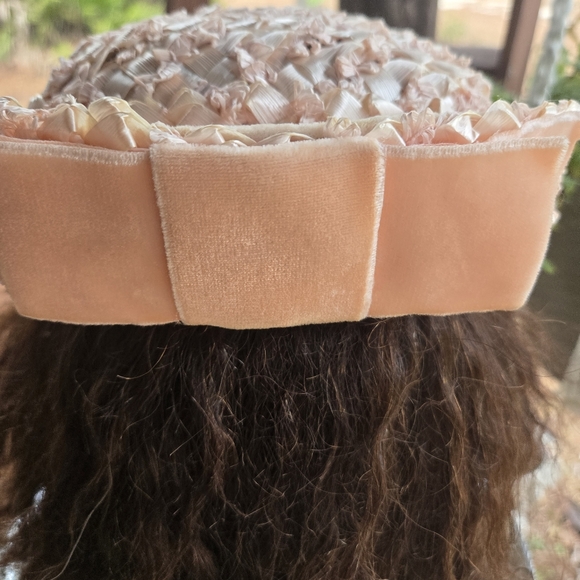 Vintage Pink Woven Pill Box Hat With Velvet Bow - Picture 7 of 11